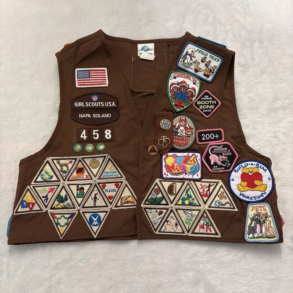 Girl Scouts Brownies Vest Sz Large LOADED With Patches California Napa Solano
